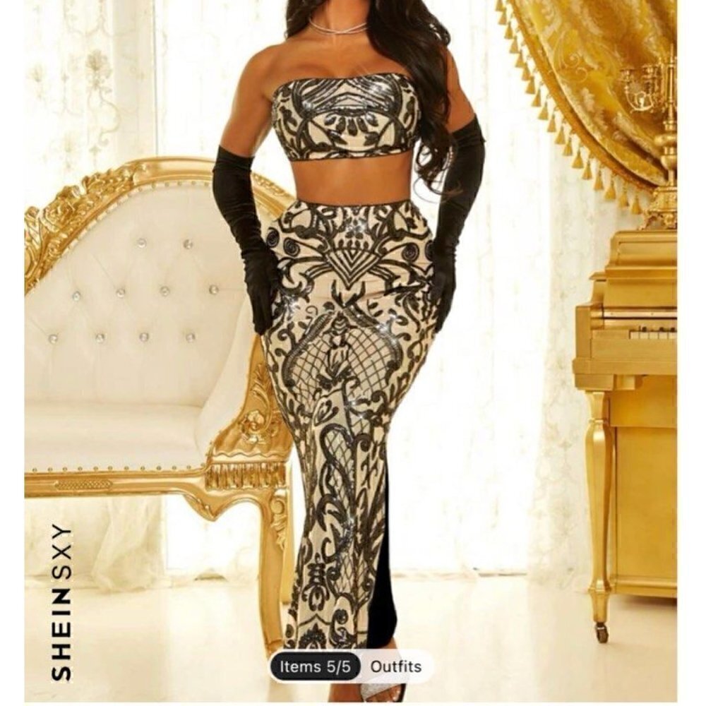 SHEIN SXY Skirt Set XS NWT Graphic Contrast Sequin Tube Top Mermaid Hem Sparkle